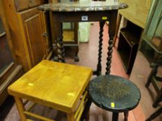 Barley twist oak piecrust top side table and two small wooden stools