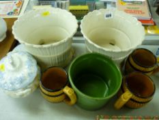 Three pottery planters, an Asiatic Pheasant sauce tureen and cover etc