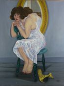 CARL F HODGSON oil on canvas - disappointed seated lady by a mirror, signed with initials and