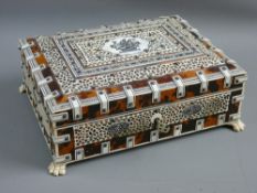 AN INDIAN STAINED BONE & TORTOISESHELL CIGAR BOX having intricate fretwork panels and strapwork
