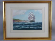 A D BELL (QV WILFRED KNOX) watercolour - clipper ship in rough seas off a rocky coastline, signed