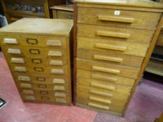 TWO VINTAGE OAK DOCUMENT CHESTS of ten and eight drawers with wooden handles, 113 and 90 cms high