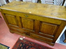 AN ANTIQUE OAK MULE CHEST with excellent patina and colour, the rectangular lidded top with