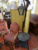 A RUSTIC OAK STANDARD LAMP, a vintage armchair and a carved oak two tier side table, various