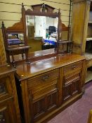 AN EDWARDIAN MAHOGANY MIRROR BACK SIDEBOARD, the multiple bevelled edge mirror back with pediment