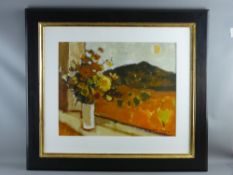 DONALD McINTYRE acrylic/oil - still life, flowers on a windowsill with landscape beyond, entitled