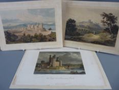THREE EARLY 19th CENTURY COLOURED ENGRAVINGS of Conwy and Denbigh Castles and of Eagle Tower,