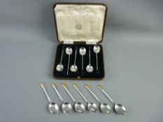 TWO SETS OF SILVER COFFEE SPOONS, one having guilloche enamel tops, the other cocoa bean, Birmingham