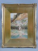 JOHN POTTINGER watercolour - mother and child at the gate of a thatched cottage, signed, 24 x 16