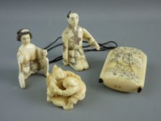THREE JAPANESE EROTIC & OTHER CARVINGS including a four bone Inro showing a couple in embrace, the