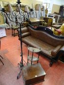 A MAHOGANY LIDDED BOX, a wrought iron standard lamp and a reproduction walnut three tier stand