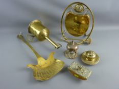 A BRASS CLOCK SPIT WITH KEY, an all brass chestnut roaster, an all brass gong with beater and a