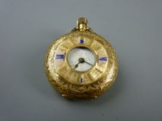 AN EIGHTEEN CARAT GOLD CASED LADY'S HALF HUNTER FOB WATCH, the chase decorated case having an
