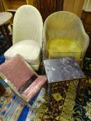 TWO LLOYD LOOM STYLE WICKER CHAIRS, a stool and a small 'X' framed rocker