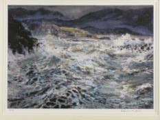 ALED PRICHARD-JONES coloured limited edition (5/75) print - rough seas near Criccieth, signed in