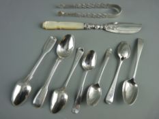 SEVEN SILVER TEASPOONS, a pair of pierced sugar tongs and a hallmarked butter knife with mother of