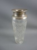 A SILVER COLLARED CUT GLASS VASE, London hallmark 1922, 22.75 cms high