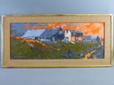 20th CENTURY BRITISH SCHOOL oil - farm buildings under a blazing sky, indistinctly signed, 29 x 75