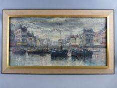 MARCEL LAREAU oil and black ink on canvas - Continental harbour scene with numerous buildings and