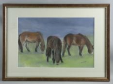 JANE MOULES JONES pastel/mixed media - three grazing Exmoor ponies, signed, 30 x 45 cms