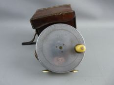 C FARLOW & CO LTD, LONDON 4 ins ALLOY FISHING REEL with leather case, both with maker's stamp, the