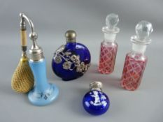 FIVE VINTAGE & LATER GLASS SCENT BOTTLES including a 1930's example with atomizer, two facet cut