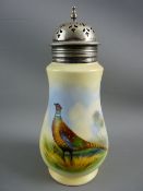 A LOCKE & CO WORCESTER SUGAR SIFTER, hand painted pheasant design, signed 'E Blake', 18 cms high