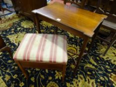 AN EDWARDIAN SIDE TABLE & an inlaid mahogany rise and fall stool, the rectangular topped table