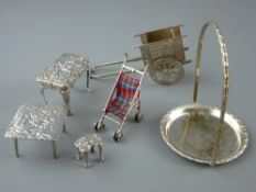 ENGLISH & CONTINENTAL MINIATURES in hallmarked silver and white metal including two small tables and