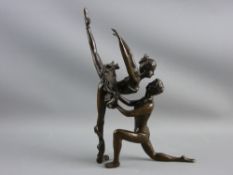 A CONTEMPORARY BRONZE SCULPTURE of a ballet couple, unmarked solid casting in an animated pose, 27