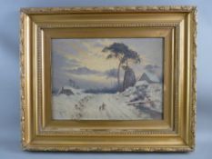 W EMERY oil on canvas - snow scene with figures on a track, 27 x 37 cms (4 cms split to canvas at