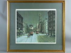 ARTHUR DELANEY coloured limited edition (309/450) print - Manchester street scene with trams, signed