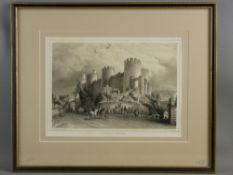 A LATE 18th/EARLY 19th CENTURY black and white engraving - Conwy Castle with numerous figures, 21