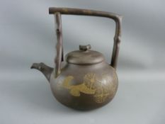 A CHINESE YIXING PURPLE CLAY TEAPOT & COVER having a twig form handle, spout and lid knop with a