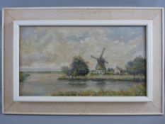 EARLY 20th CENTURY DUTCH SCHOOL oil on canvas - waterway scene with boats and windmill, indistinctly