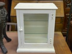 A PAINTED METAL SHOP DISPLAY CABINET with single front opening door and two glass interior
