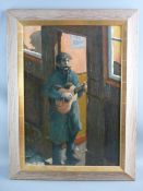 _ FLANAGAN oil on board - standing busker by a pub door, signed and dated 1972, 53 x 36.5 cms