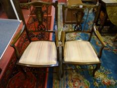 A PAIR OF CIRCA 1900 LADY'S & GENT'S SALON ARMCHAIRS having swag inlaid splat and ivory inlaid