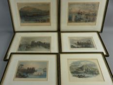 SIX ANTIQUE TINTED PRINTS of Welsh Castles including three drawn by J M W TURNER RA, rare views of