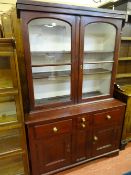 A RUSTIC PAINTED PINE KITCHEN DRESSER BASE of neat proportions with a non-associated glass fronted