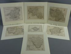 SEVEN VARIOUS UNCOLOURED BUT MOUNTED MAPS of the Counties of Wales, all approximately 16 x 20 cms