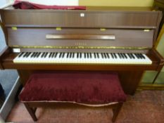 A MODERN MAHOGANY EFFECT YAMAHA UPRIGHT PIANO & DUET STOOL, 108.5 cms high, 148.5 cms wide, 53.5 cms