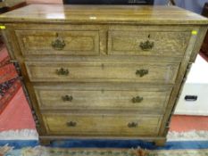 A CIRCA 1840 OAK CHEST of two short over three long drawers, having inlaid line decoration and