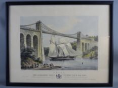 1970's COLOURED PRINT - the schooner yacht 'Wyvern' passing under the Menai Tubular Bridge, from the