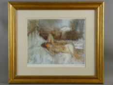 BERNARD DUNSTAN print of a pastel drawing - female nude on a bed, signed in full, 26 x 31 cms