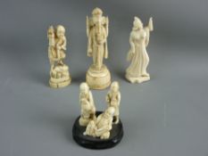 TWO SMALL JAPANESE OKIMONO, an Indian carved ivory deity and a figurine of a scantily clad female,