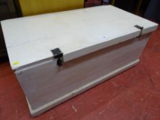 A VINTAGE PAINTED PINE BLANKET CHEST with iron carry handles, 46.5 cms high, 108 cms wide, 58 cms