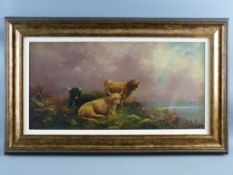 JOEL OWEN oil on canvas - three Highland Cattle calves resting by a lakeside under stormy clouds,
