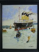 OWEN MEILIR oil on canvas - four funnelled liner with tugs etc, signed, 48 x 38.5 cms