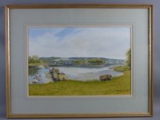 IEUAN WILLIAMS watercolour - peaceful Menai Straits scene on the Beaumaris side of Menai Bridge,